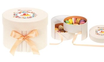 @ Macaron- | Geschenk-Schachtel 24-er rund weiß/creme mit Schleife