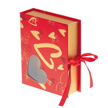 @ Pralinen- | Geschenk-Schachtel mit Herzfenster rot/gold mit Schleife (ca. 185g)